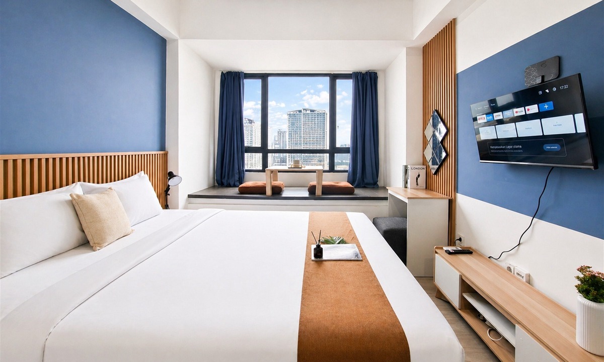 Panunggangan Utara Apartment | Chic Blue Tinted Studio Room At Apartment Collins Boulevard